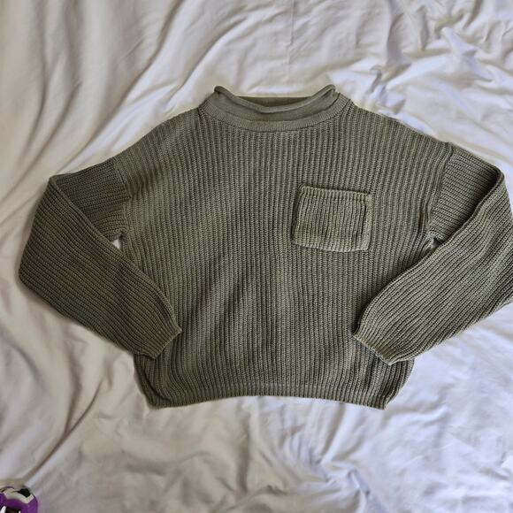 VTG Basic Outlook Womens Sweater Cotton Knit Sage Green Pocket Boxy - Picture 7 of 10